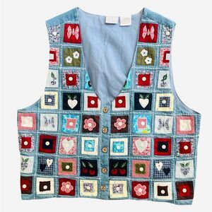 Vintage Patchwork Chambray Denim Vest Size Large Americana Folk Lightweight